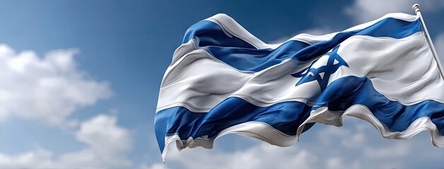 Israeli flag waving against a bright blue sky with scattered clouds, symbolizing national identity and pride during a sunny day