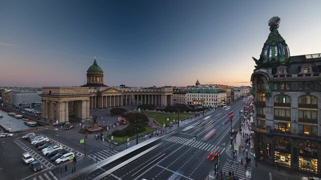 sunset twilight illumination saint petersburg famous palace traffic street crossroad rooftop panorama timelapse 4k russia 