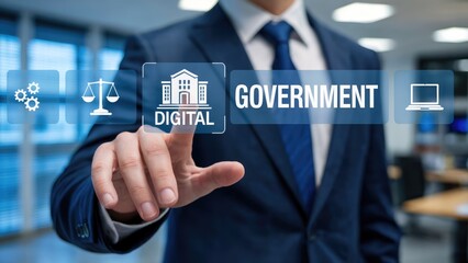 Businessman touching digital government interface, symbolizing modernization and public service innovation