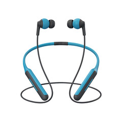 Modern blue wireless neckband earphones with earbuds and a flexible band isolated on transparent background