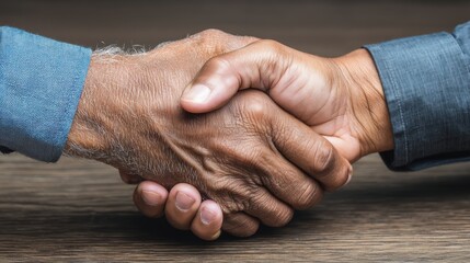 Fototapeta premium Handshake between two men in formal attire symbolizing agreement or partnership on a wooden surface