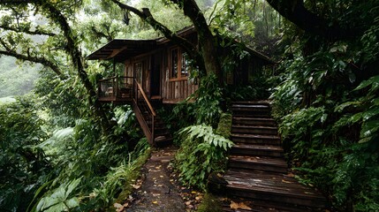Remote wooden cabin in a wild rainforest