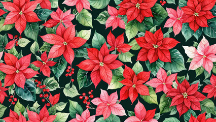 Red Poinsettia and Holly Leaves Pattern