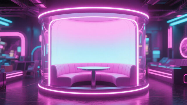 Futuristic Lounge with Neon Lighting and Circular Seating Area