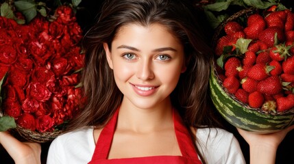 Woman smiling holding large bowls of strawberries and raspberries in a market or farm setting
