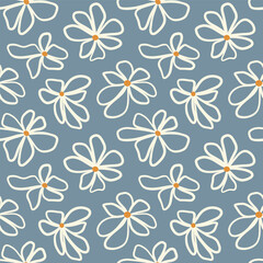 Playful daisy seamless vector pattern cream hand-drawn flowers and orange centers blue background