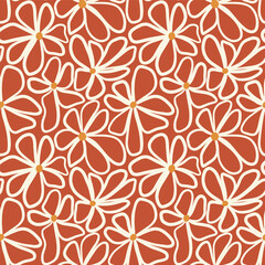 Bold floral seamless vector pattern with cream daisy flowers on bright red-orange background