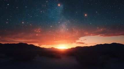 Fototapeta premium Beautiful sunset over the mountains with a starry sky in the background