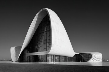 Monochrome view of a modern, sculptural building with flowing, organic forms