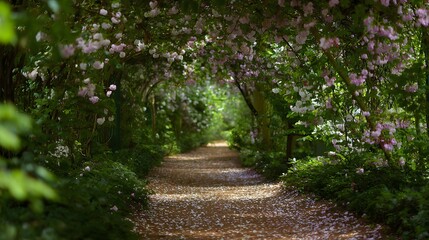Pathway covered in flowering vines with blossom