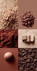 A collection of light brown and dark brown cosmetic powders and blocks