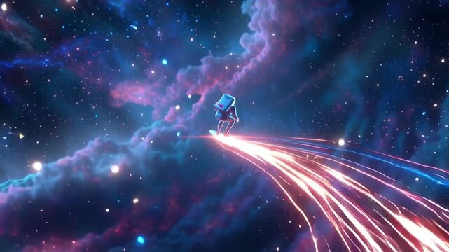 astronaut surfing glowing infinite M&ouml;bius ribbon made of stars energy, galactic background, colorful nebula clouds, cinematic lighting, futuristic, synthwave tones, cosmic surrealism, seamless loop