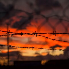 Barbed wire fence against red sunset; Symbol of restriction, conflict, incarceration