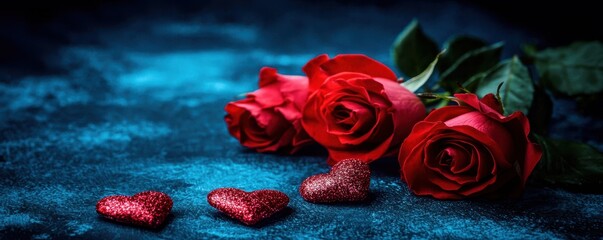 Romantic Red Roses with Glittering Hearts on Dark Blue Surface