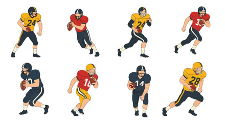 A collection of eight American football players in various action poses and colorful uniforms.