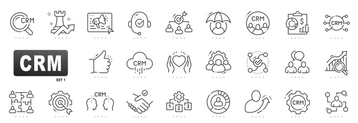 Linear icon set for CRM showing customer service, lead generation, analytics, automation, cloud CRM, partnership, workflow, growth, editable stroke style