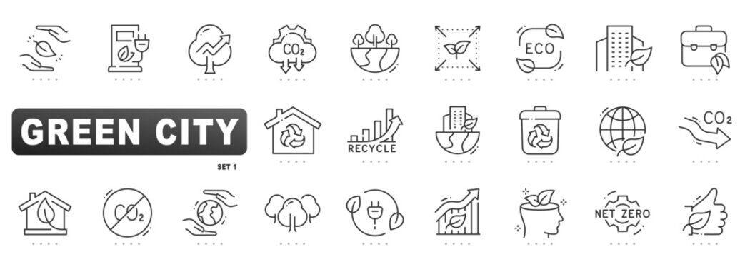 Linear icons depict sustainability including renewable energy, carbon footprint reduction, recycling bin, green building, net zero, and eco-friendly urban growth