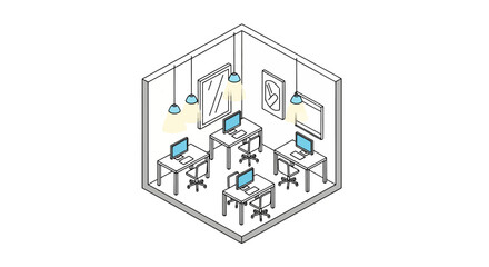 Office workspace with computers and hanging lights