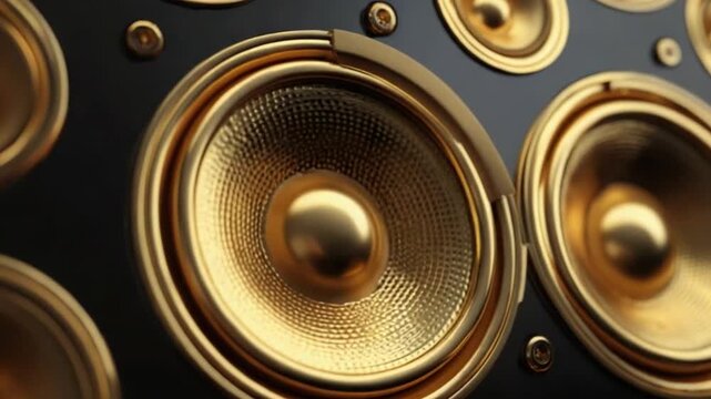 Golden speakers arranged on a dark surface. Macro view with shallow depth of field