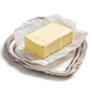 Fresh Block of Butter on Antique Silver Tray White Background Perfect for Baking Recipes and Culinary Images