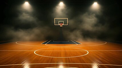 Empty Indoor Basketball Court Under Dramatic Lighting and Fog