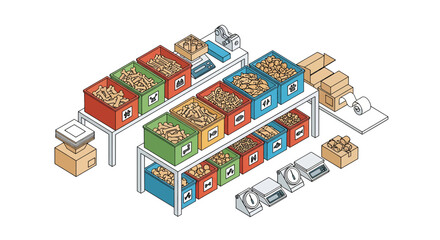 Pet food production line with crates and packaging equipment