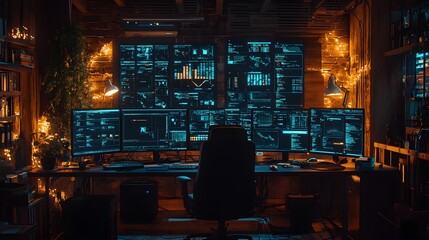 Intense workspace with glowing screens, code, and data graphs evoking a hacker's den vibe. A plant adds life amidst the digital chaos. Disaster recovery background for modern concepts.