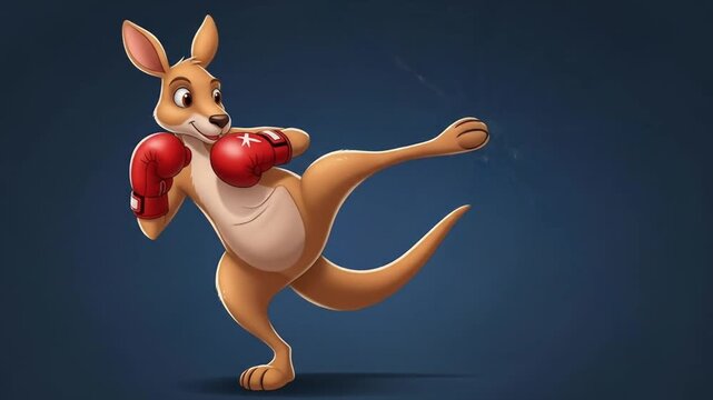 A cartoon kangaroo wearing boxing gloves performs a powerful kick.
