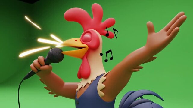 A cartoon rooster, wearing overalls, joyfully sings into a microphone, musical notes floating around him.