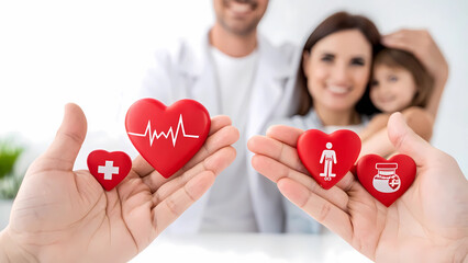 Family health insurance concept with happy family holding red hearts isolated on white background