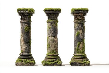 Three weathered stone pillars, overgrown with moss, isolated on white