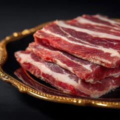 Obraz premium Close up of Raw Marinated Beef Slices on Elegant Gold Plate Ready for Grilling