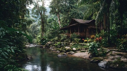 Obraz premium Jungle river beside a wooden cabin exotic plan
