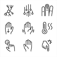 Fototapeta premium Sensory Touch Icons. Outline icon set of sensory touch: nerve endings, sensory receptors, fingertips, palm pressure, vibration,