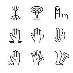 Obraz premium Sensory Touch Icons. Outline icon set of sensory touch: nerve endings, sensory receptors, fingertips, palm pressure, vibration,