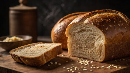 A freshly baked, golden-brown loaf of artisanal bread, crusty on the outside and soft on the inside, placed on a worn, wooden cutting board