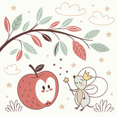 A charming cartoon illustration features a smiling apple and a fairy mouse holding a sparkling wand under a tree branch with colorful leaves