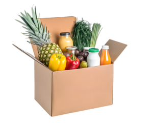 Isolated box with food for donation, charity concept. Canned food, pasta, fruits and vegetables in a box for donation isolated.