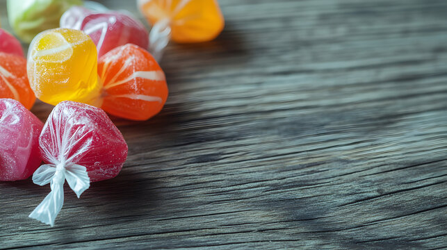 un pu&ntilde;o de dulces coloridos envueltos en celofan deliciosos caramelos sobre una mesa o superficie de madera con espacio de copia 