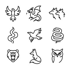 Fototapeta premium Shape-Shifter Icons. Outline icon set of shape-shifter animals and spirits: phoenix form, dragon shape, wolf pack, spirit mist,