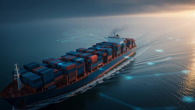 Container cargo ship navigating ocean water with digital tracking technology sunset maritime