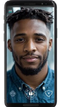 Identity security authentication protection. Access privacy. Verification management. Smartphone facial recognition screen for secure access.