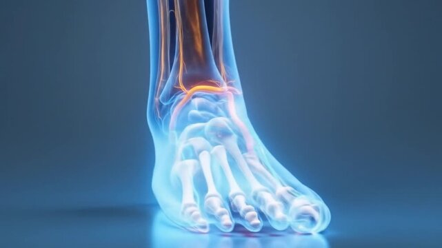 3D anatomical illustration of a human ankle joint, highlighting bones and ligaments.