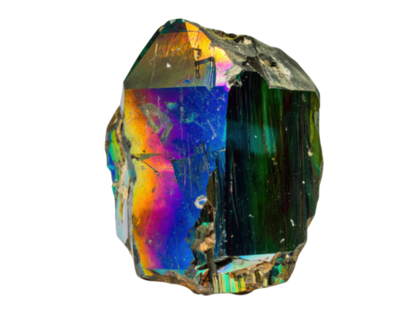 A vibrant crystal featuring an array of colors, showcasing distinct facets and a unique structure.