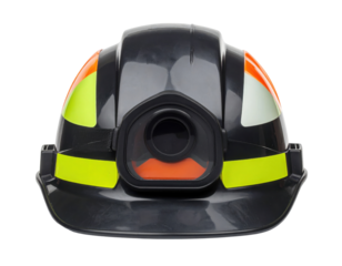 A safety helmet featuring reflective stripes and a face shield, designed for protection in hazardous work environments.