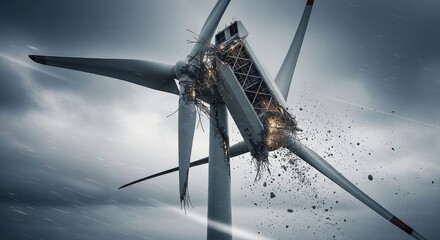 Damaged wind turbine against dramatic sky