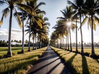 Obraz premium Sun-Drenched Road Lined with Palm Trees, Through Lush Green Rice Paddies