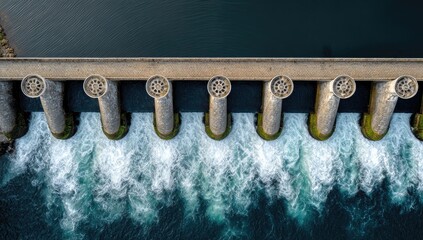 High-angle view of a dam's spillway, showing numerous cylindrical outlets releasing water