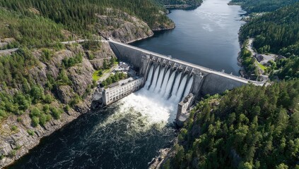 Aerial view of a dam cascading water into a lake nestled amongst forested mountains