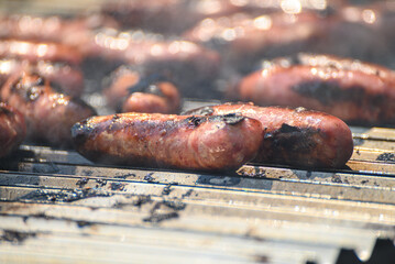 Grilling delicious sausages for a picnic. Meat grilling on a hot grill.
